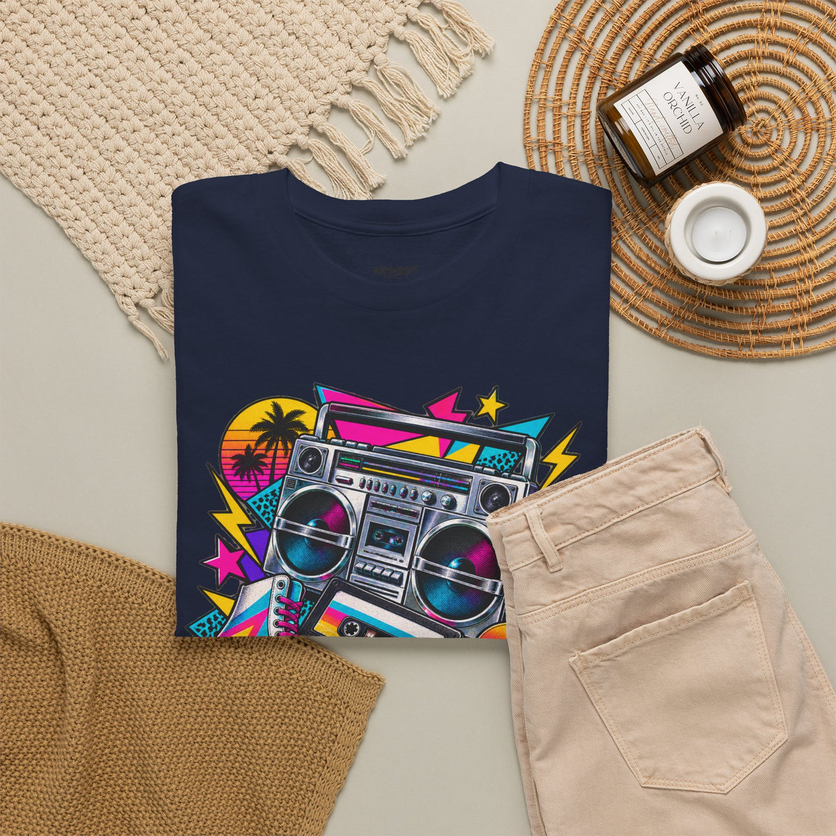 Retro Boombox Tee — 80s Neon Music Graphic T-Shirt