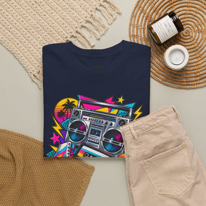 Retro Boombox Tee — 80s Neon Music Graphic T-Shirt