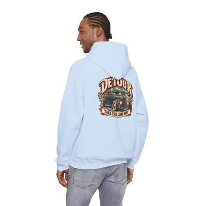 Detour Vintage Hot Rod Hoodie — "Take The Long Way" Classic Car Sweatshirt