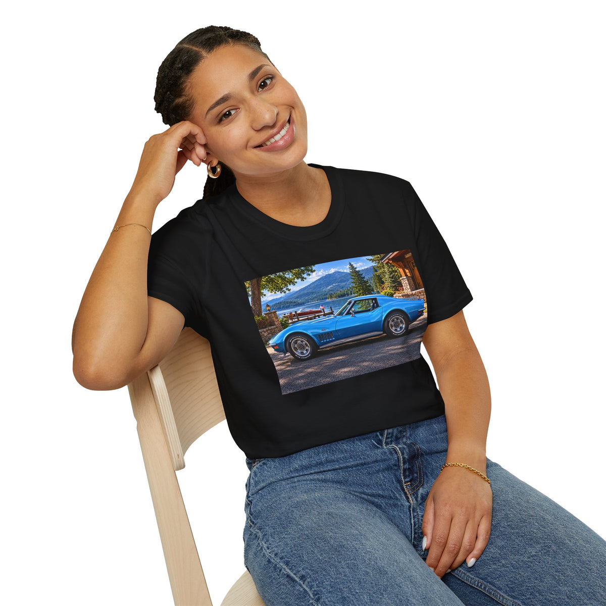 1968 Chevrolet Corvette Stingray Graphic T‑Shirt — Blue Classic Car Lakefront Print