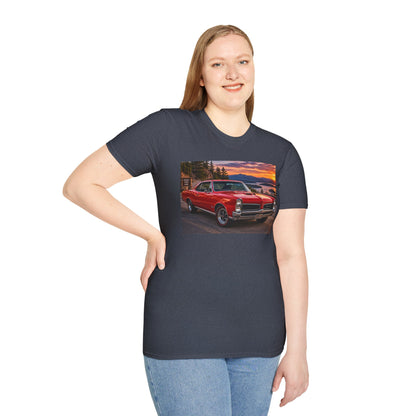 Classic Red Muscle Car T-Shirt — Vintage Pontiac Sunset Driving Tee