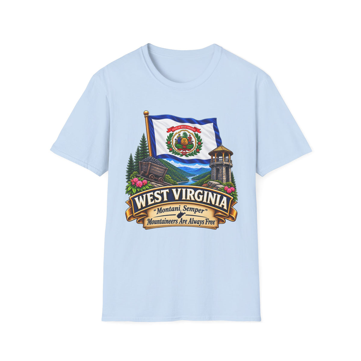 West Virginia Flag T-Shirt — State Pride Scenic Design ("Mountaineers Are Always Free")