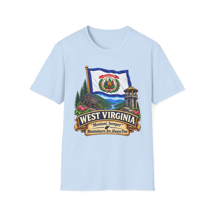 West Virginia Flag T-Shirt — State Pride Scenic Design ("Mountaineers Are Always Free")