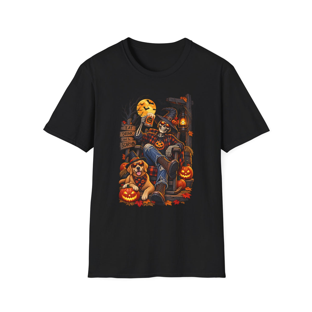 Halloween Skeleton Scarecrow T-Shirt — 'Eat Drink & Be Scary' Pumpkin Dog Tee