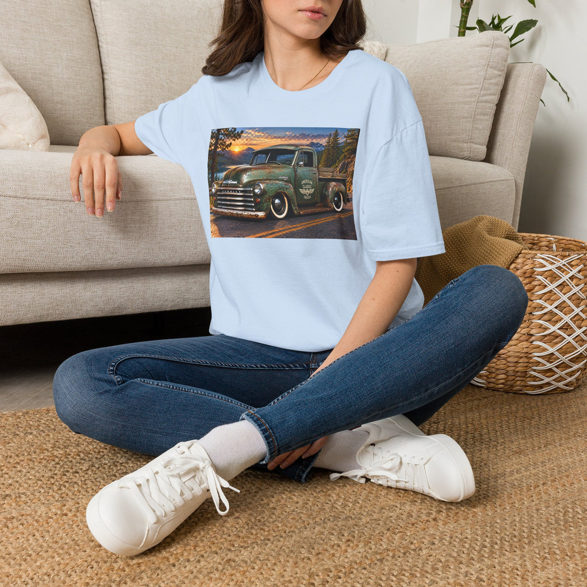 Vintage Green Pickup Truck T-Shirt — Retro Rustic Sunset Road Tee