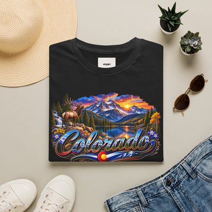 Colorado Scenic T‑Shirt — Mountain Sunset Landscape with Elk and State Script