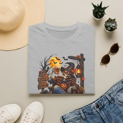 Halloween Skeleton Lounge T-Shirt — "Eat Drink & Be Scary" Graphic Tee