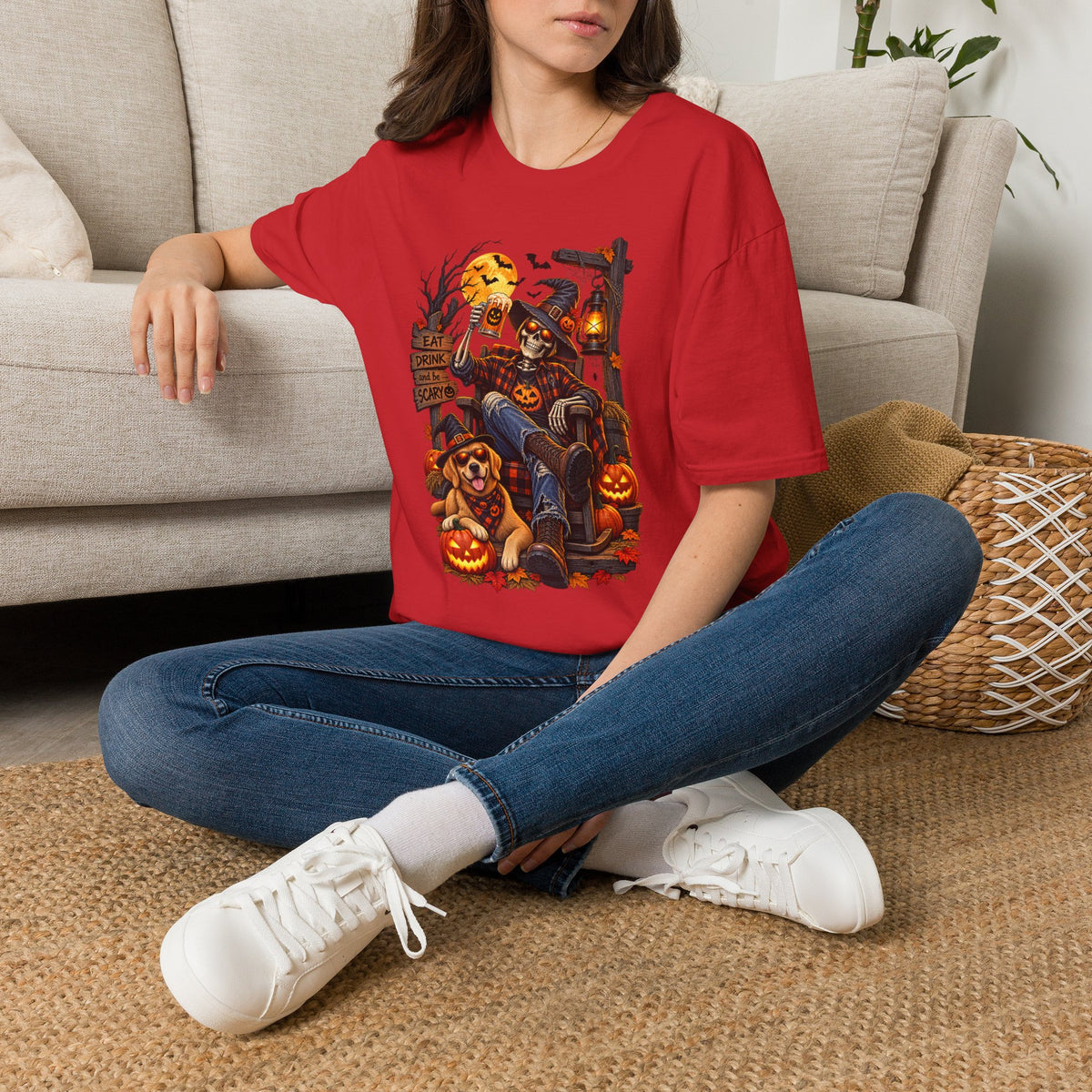 Halloween Skeleton Lounge T-Shirt — "Eat Drink & Be Scary" Graphic Tee