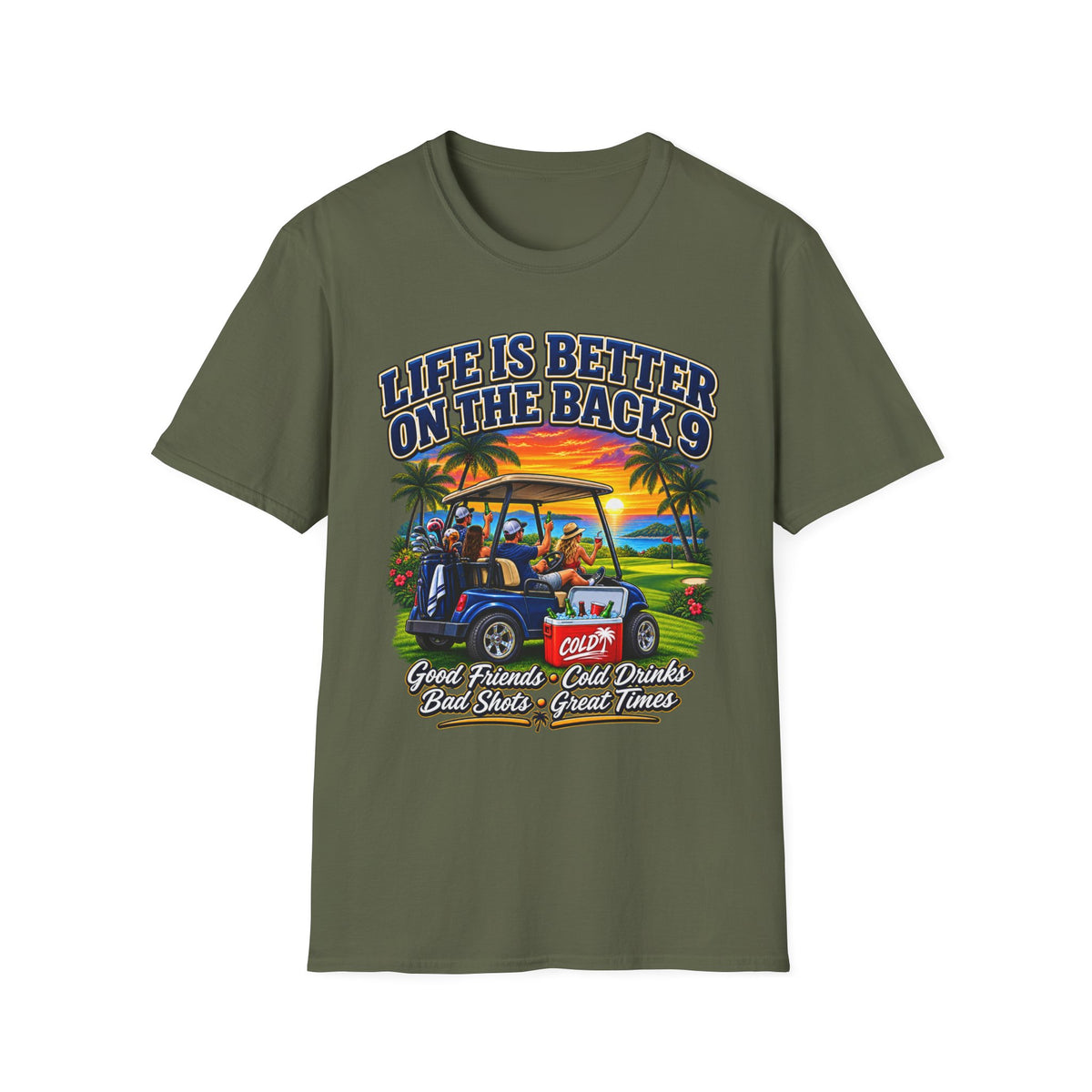 Golf T-Shirt — "Life Is Better on the Back 9" Sunset Golf Cart Design
