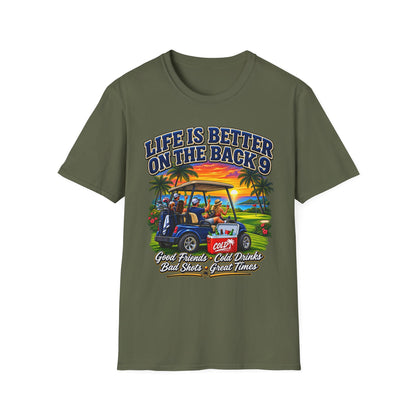 Golf T-Shirt — "Life Is Better on the Back 9" Sunset Golf Cart Design