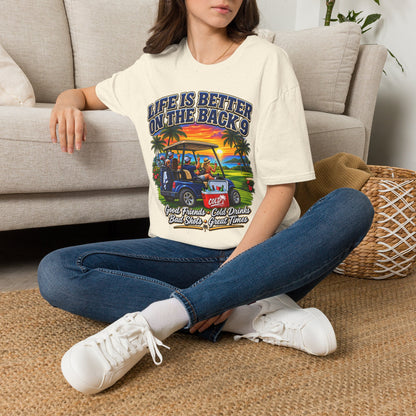 Golf T-Shirt — "Life Is Better on the Back 9" Sunset Golf Cart Design