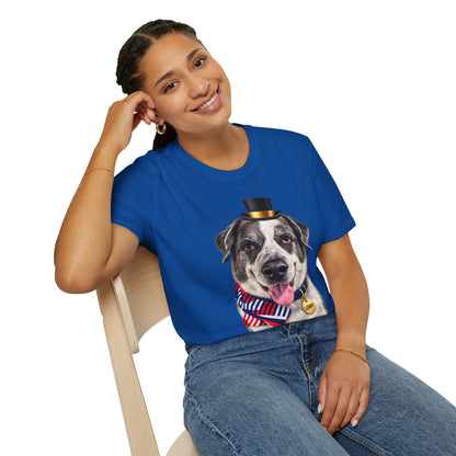 Patriotic Pup Tee — Dog with Top Hat & American Flag Bandana