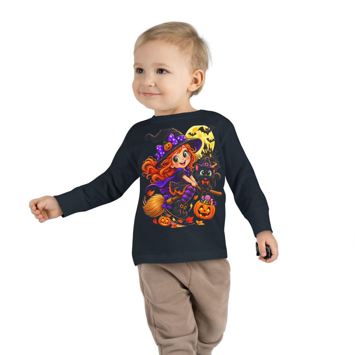 Toddler Halloween Witch Long Sleeve Tee — Cute Witch & Black Cat Pumpkin Design