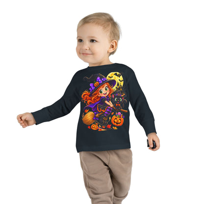 Toddler Halloween Witch Long Sleeve Tee — Cute Witch & Black Cat Pumpkin Design