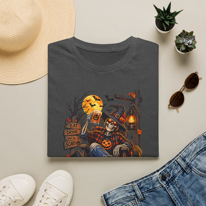 Halloween Skeleton Lounge T-Shirt — "Eat Drink & Be Scary" Graphic Tee