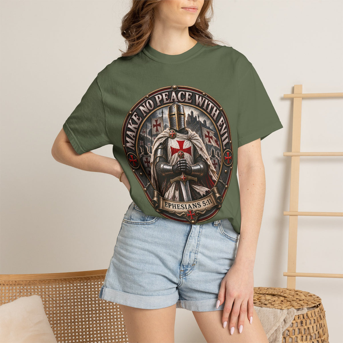 Make No Peace With Evil T-shirt | Crusader Helmet Ephesians 5:11