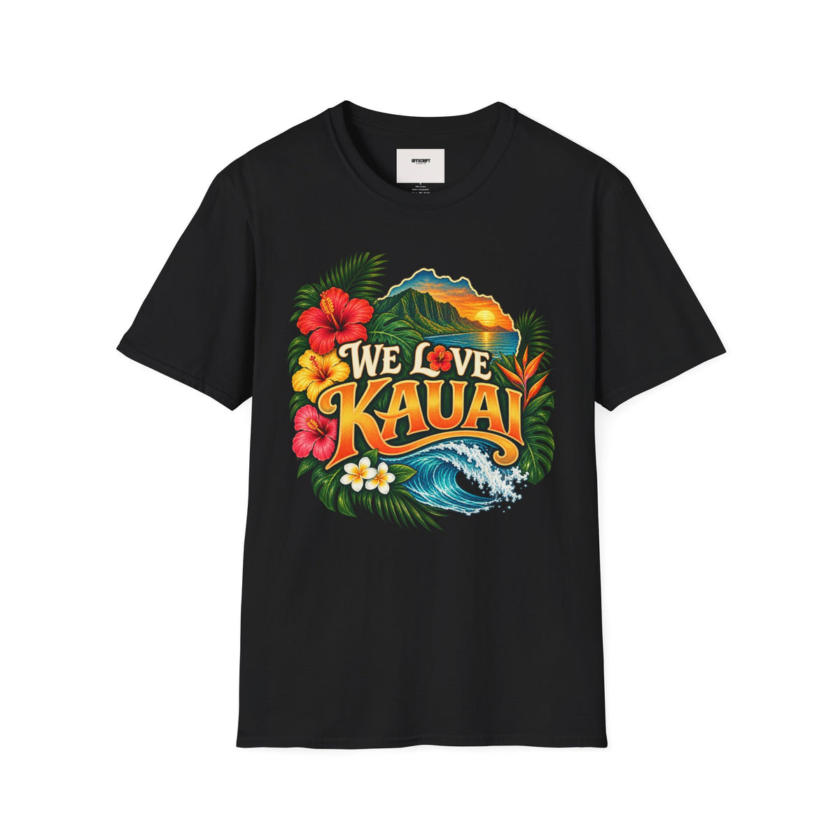 We Love Kauai T-Shirt — Hawaiian Island Sunset Floral Tee