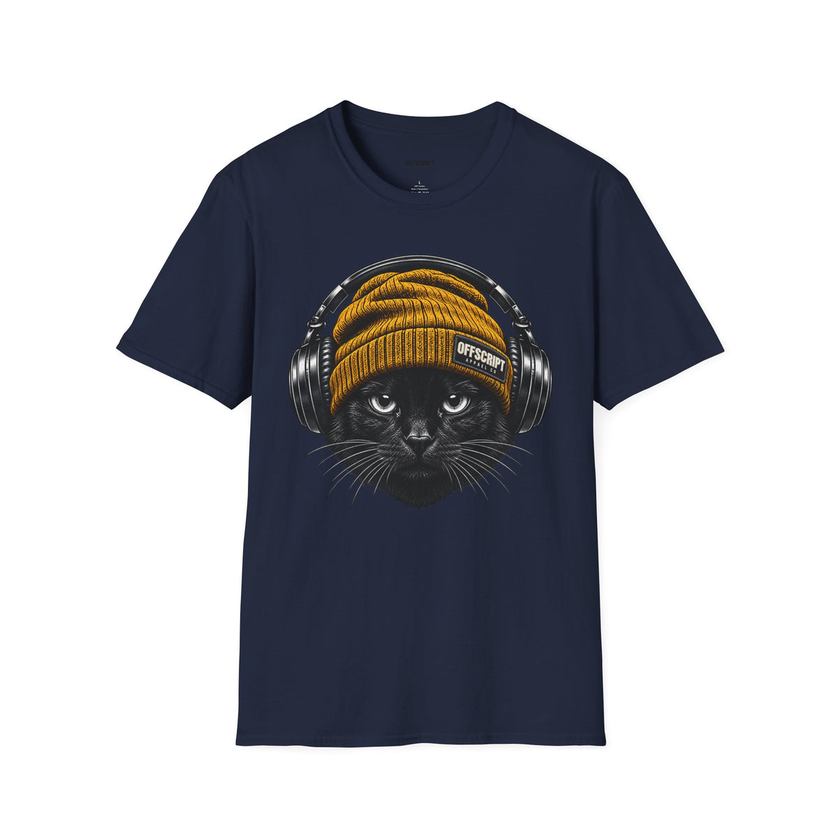 Cat Headphones T-Shirt — Cool Black Cat with Beanie & Headphones Graphic