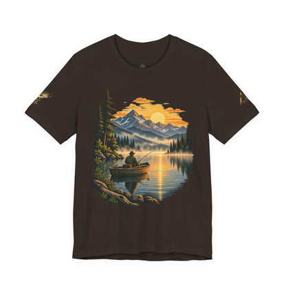 Sunset Lake Fishing T-Shirt — Mountain Boat Fishing Graphic Tee