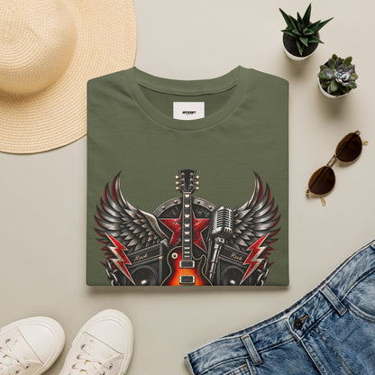 Rock 'n' Roll Guitar Tee — Vintage Winged Guitar & Microphone Design