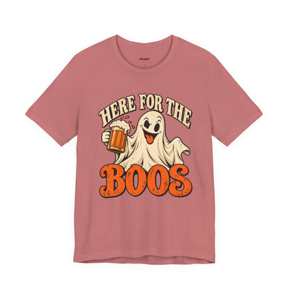 Here for the Boos Halloween T-Shirt — Ghost Drinking Beer Graphic Tee