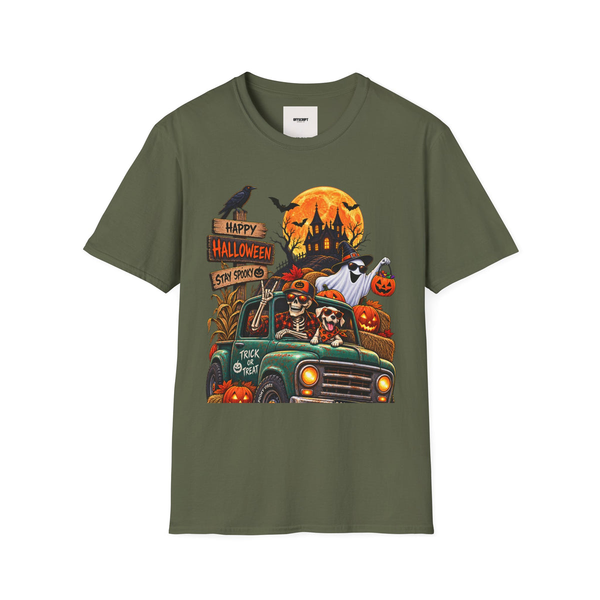 Halloween Truck T‑Shirt — "Happy Halloween, Stay Spooky" Cute Haunted Pumpkin Design