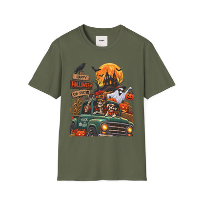 Halloween Truck T‑Shirt — "Happy Halloween, Stay Spooky" Cute Haunted Pumpkin Design