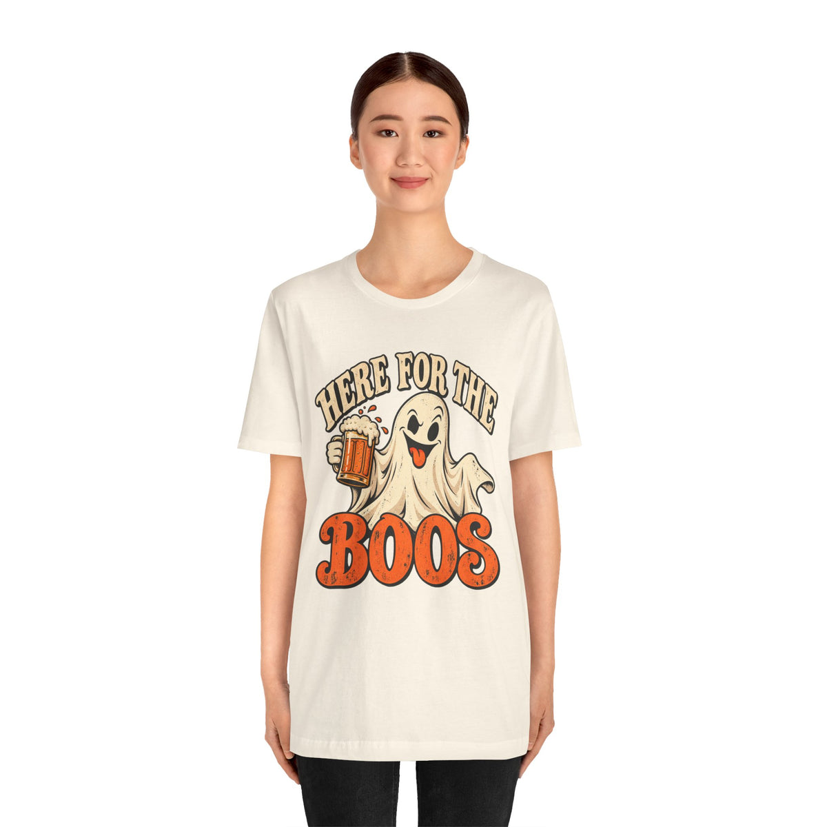 Here for the Boos Halloween T-Shirt — Ghost Drinking Beer Graphic Tee