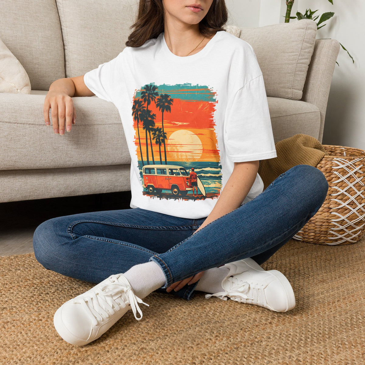 Retro Sunset Van T-Shirt – Tropical Beach Road Trip Graphic