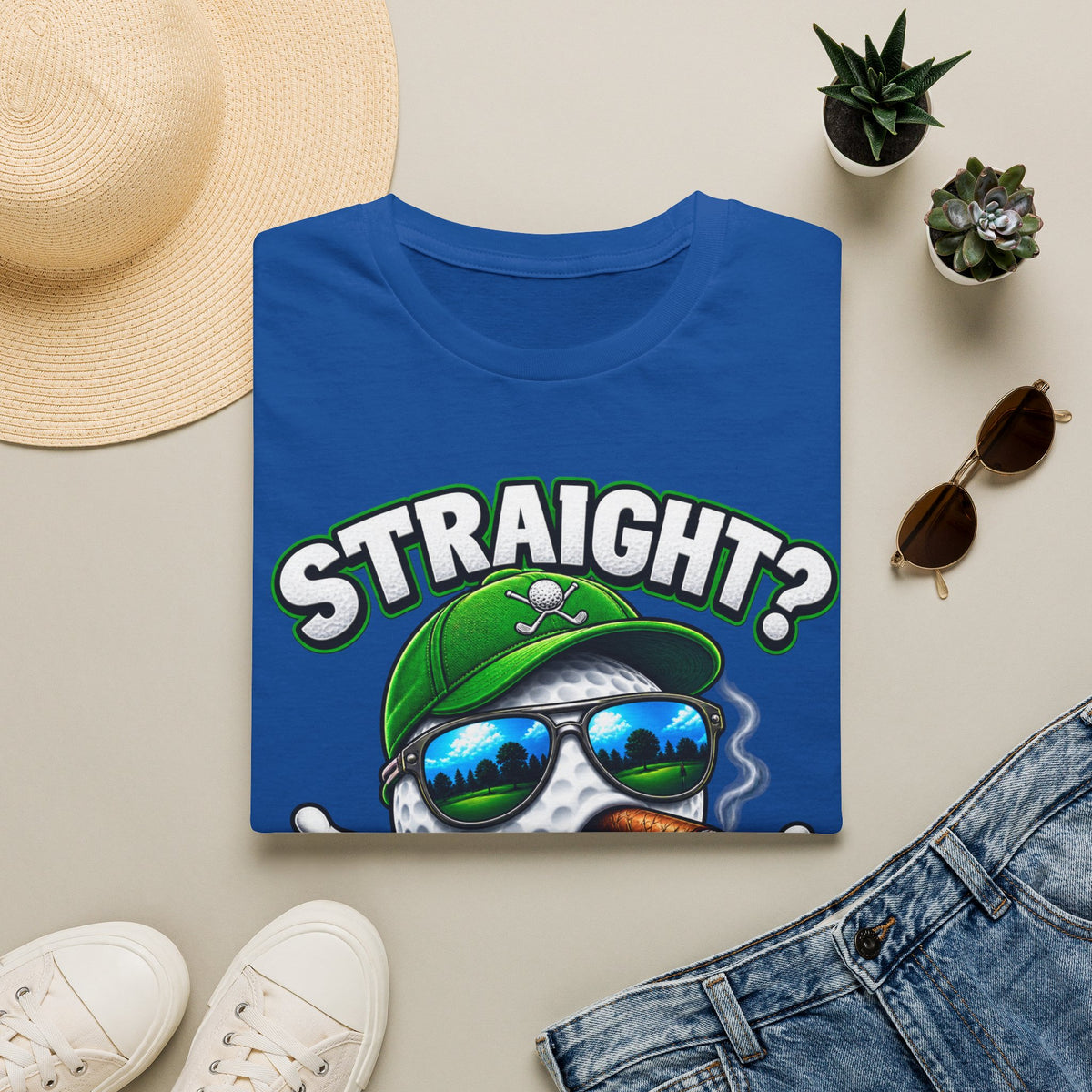 Golf Ball Graphic T-Shirt — "Straight? Never Heard of Her." Funny Golf Shirt