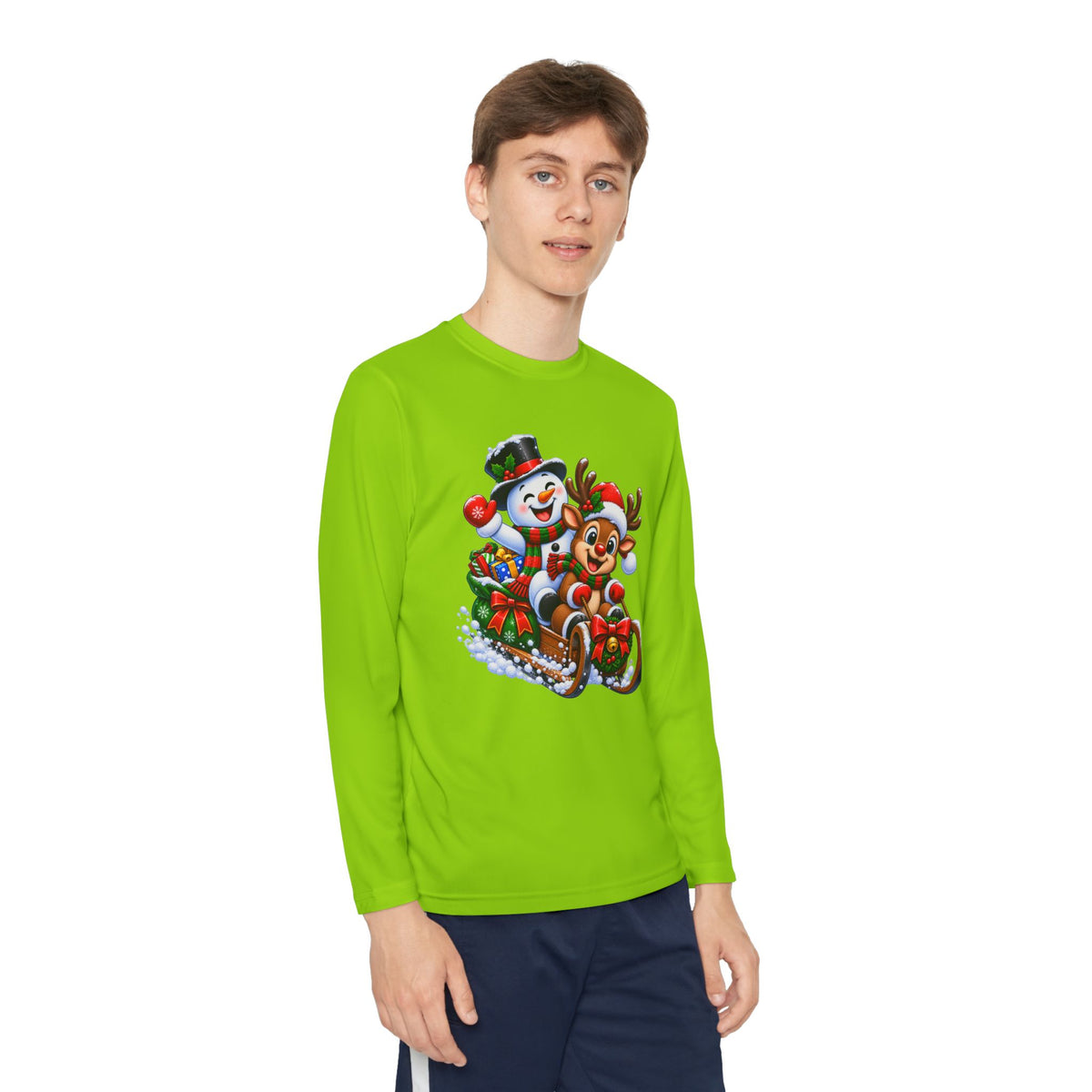 Kids' Christmas Sledding Tee — Snowman & Reindeer Holiday Long Sleeve