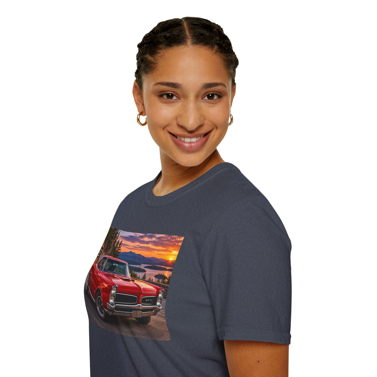 Classic Red Muscle Car T-Shirt — Vintage Pontiac Sunset Driving Tee