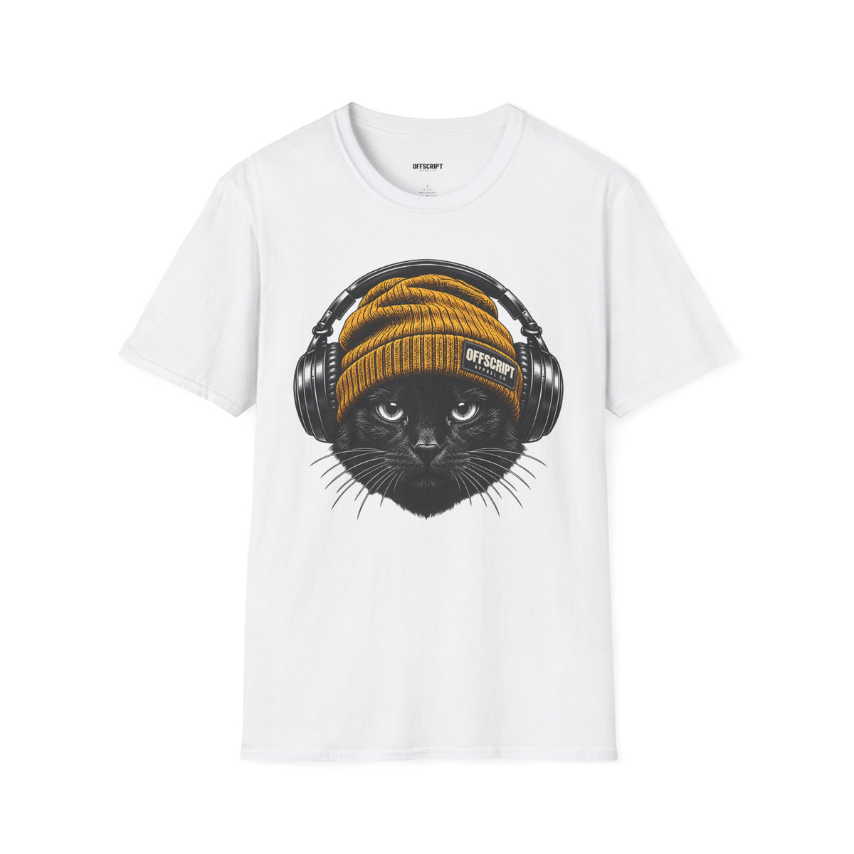 Cat Headphones T-Shirt — Cool Black Cat with Beanie & Headphones Graphic