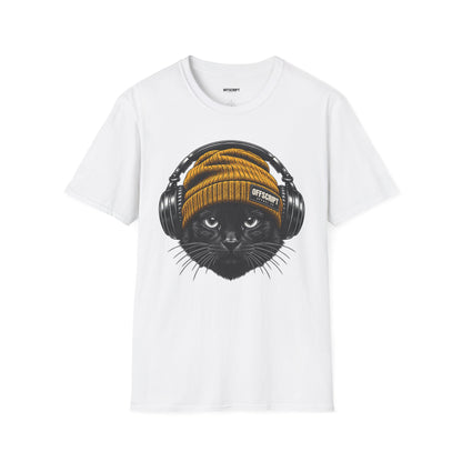 Cat Headphones T-Shirt — Cool Black Cat with Beanie & Headphones Graphic