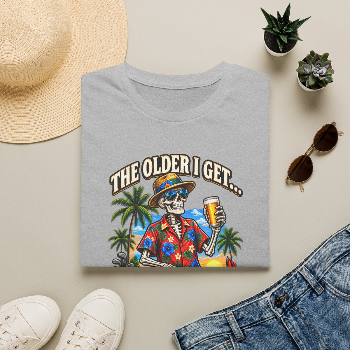 T-Shirt — “The Older I Get… The Further My Balls Go Into The Woods” Retro Tropical Skeleton Humor Tee