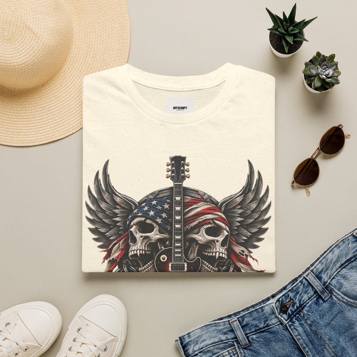 American Skull Guitar T-Shirt — Patriotic Rock Music Tee
