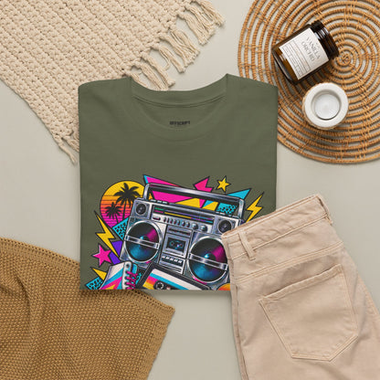 Retro Boombox Tee — 80s Neon Music Graphic T-Shirt