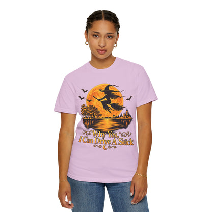 Witch Flying Over Moon T-Shirt – "Why Yes, I Can Drive A Stick" Halloween Tee