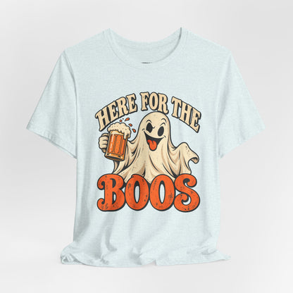 Here for the Boos Halloween T-Shirt — Ghost Drinking Beer Graphic Tee