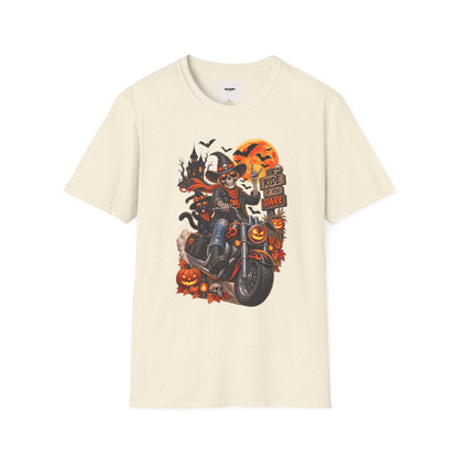 Halloween Biker Skeleton T-Shirt — "Ride If You Dare" Spooky Motorcycle Tee