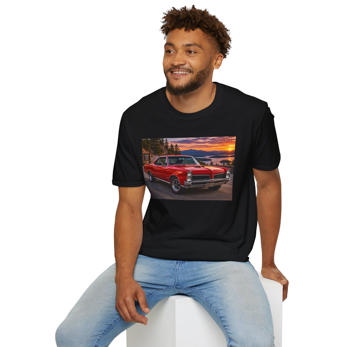 Classic Red Muscle Car T-Shirt — Vintage Pontiac Sunset Driving Tee