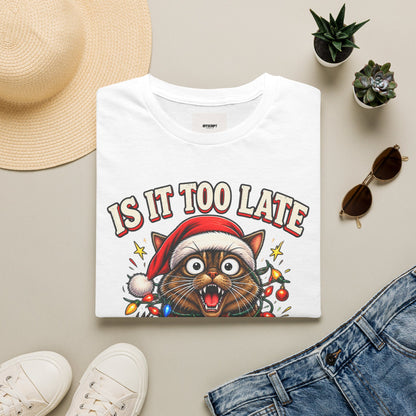 T-Shirt — “Is It Too Late to Be Good?” Christmas Cat Graphic Tee