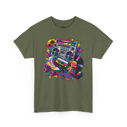 Retro Boombox Tee — 80s Neon Music Graphic T-Shirt