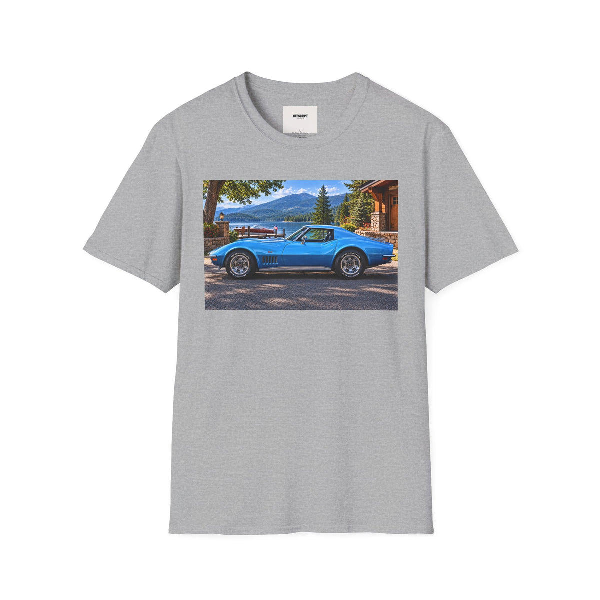 1968 Chevrolet Corvette Stingray Graphic T‑Shirt — Blue Classic Car Lakefront Print