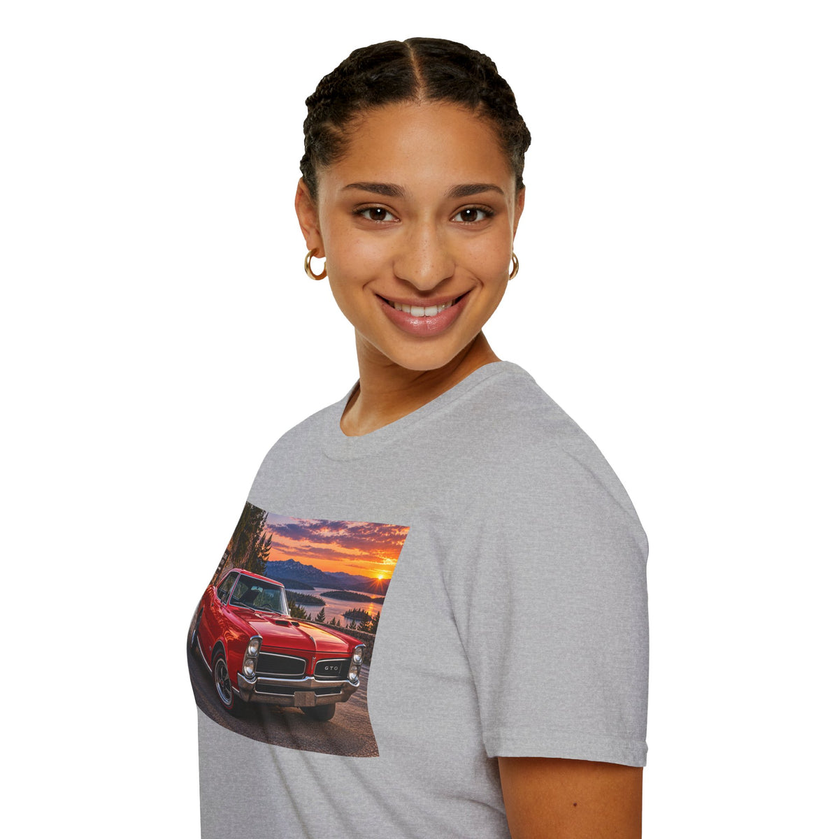 Classic Red Muscle Car T-Shirt — Vintage Pontiac Sunset Driving Tee