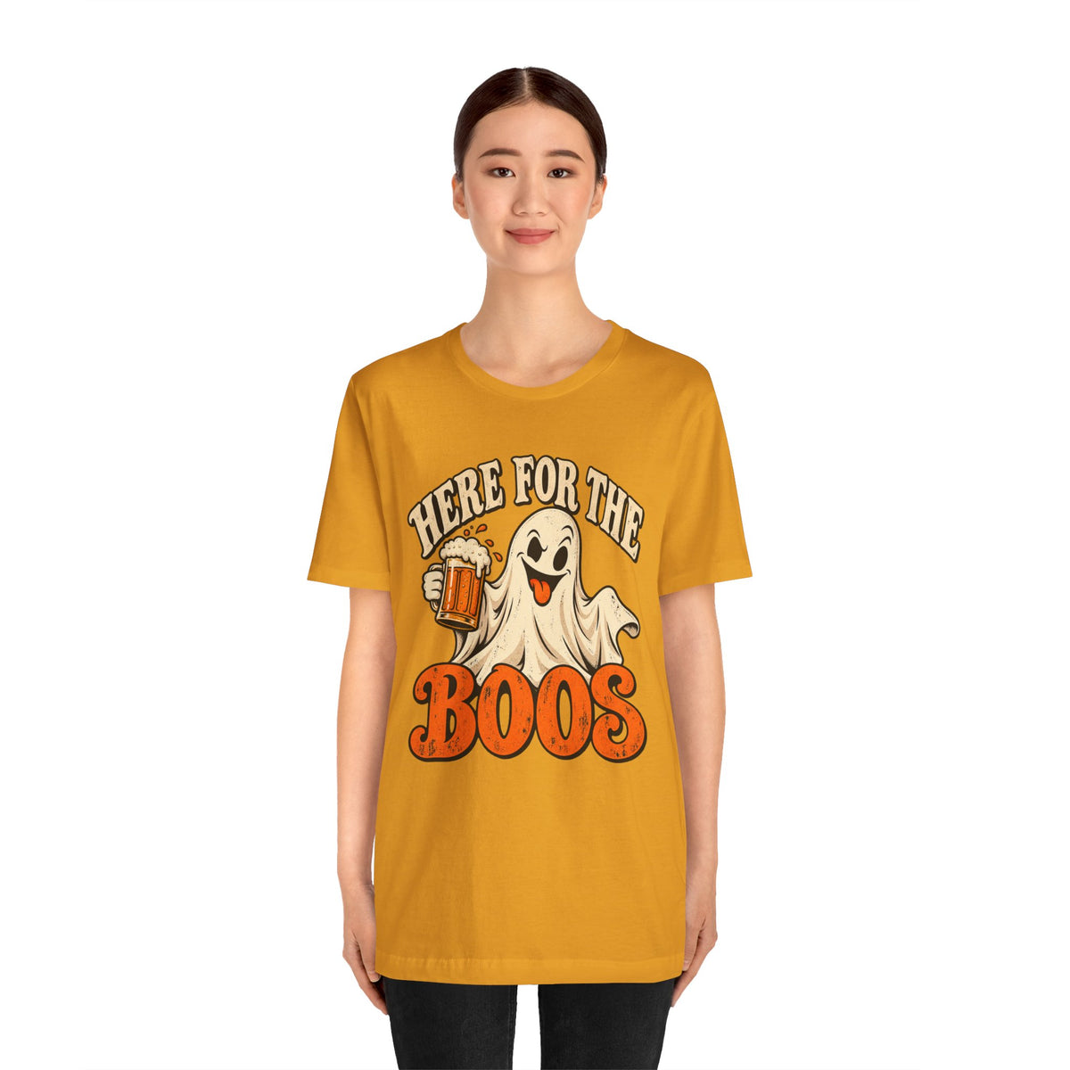 Here for the Boos Halloween T-Shirt — Ghost Drinking Beer Graphic Tee