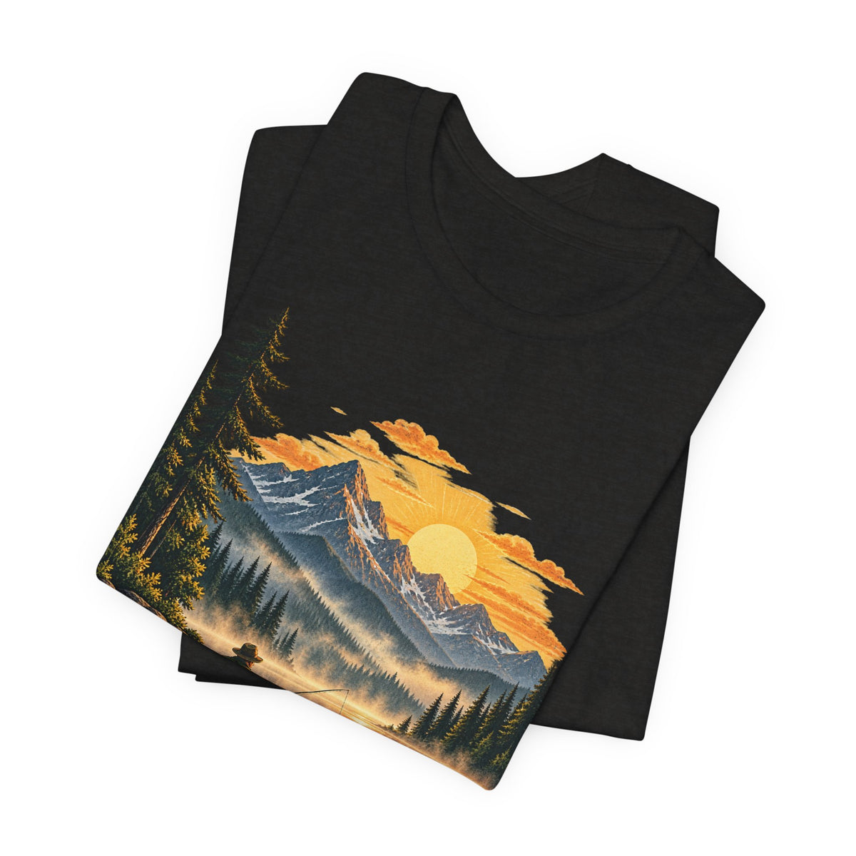 Sunset Lake Fishing T-Shirt — Mountain Boat Fishing Graphic Tee