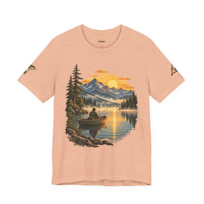 Sunset Lake Fishing T-Shirt — Mountain Boat Fishing Graphic Tee