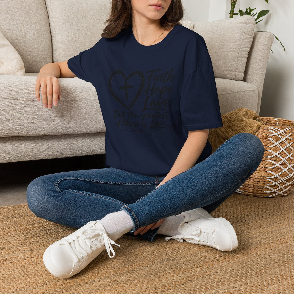 Faith Hope Love T‑Shirt — Heart & Cross Scripture Design (1 Corinthians 13:13)