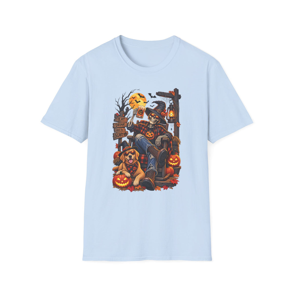 Halloween Skeleton Lounge T-Shirt — "Eat Drink & Be Scary" Graphic Tee